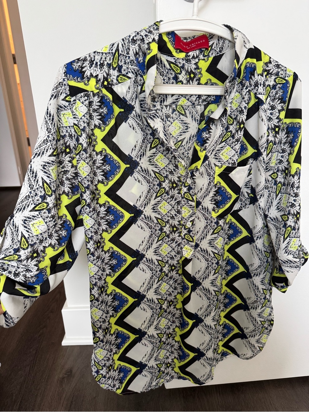 Akira White Button-Up Shirt with Neon Yellow and Blue Geometric Print